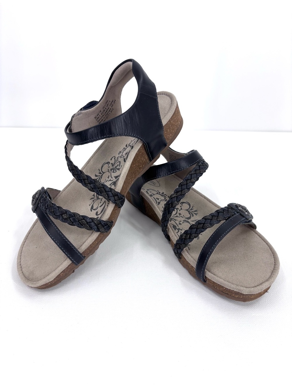 Aetrex Jillian Navy Braided Quarter Strap Leather Sandals, 9